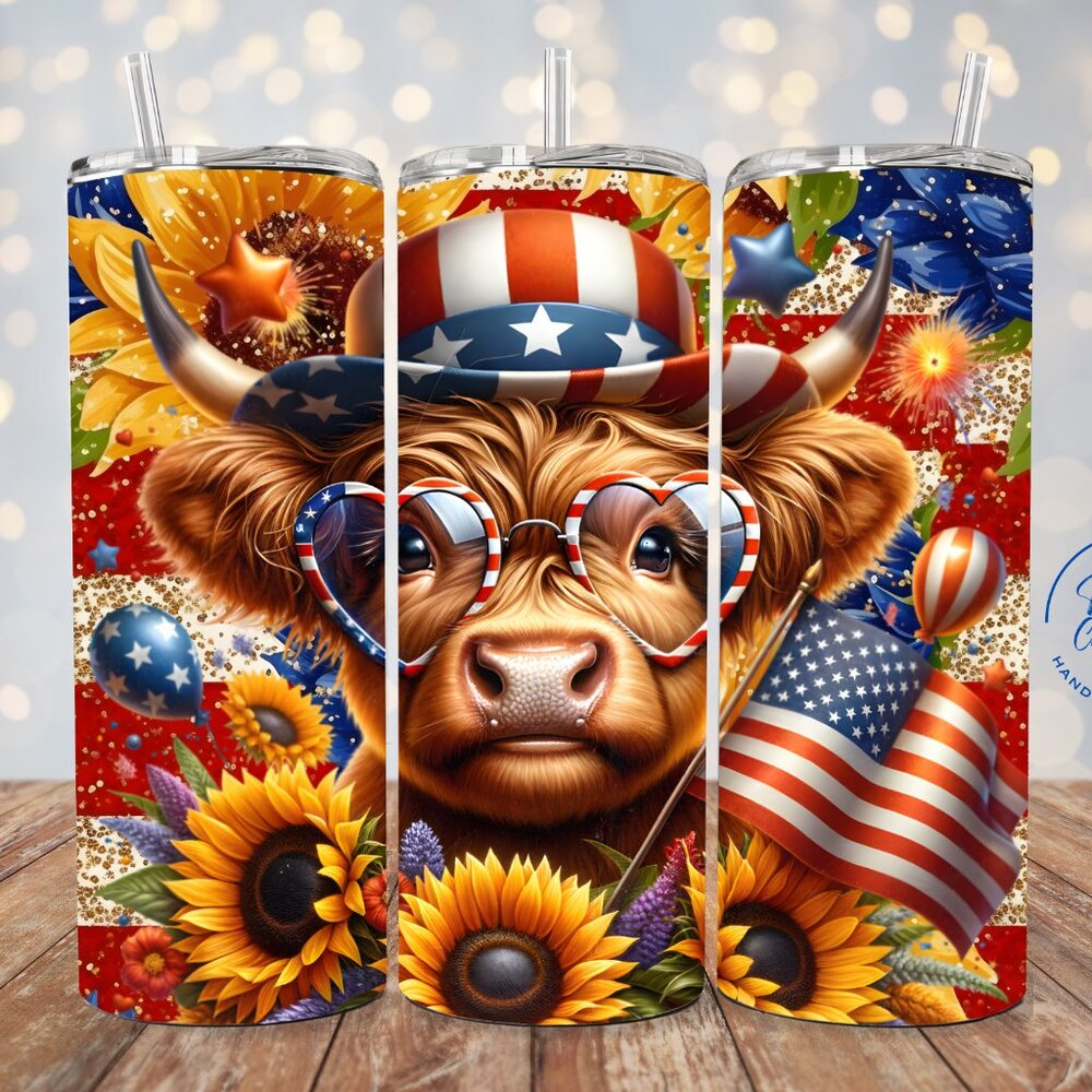 Patriotic Highland Cow 20 Skinny Tumbler, For Hot And Cold Beverage's